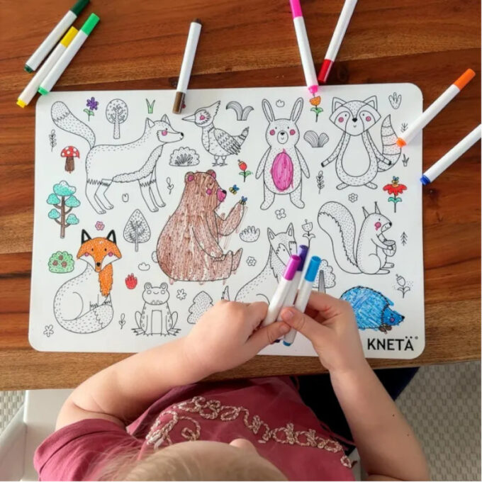 Korduvkasutatav värvimismatt "Metsaloomad" (12 pliiatsiga)